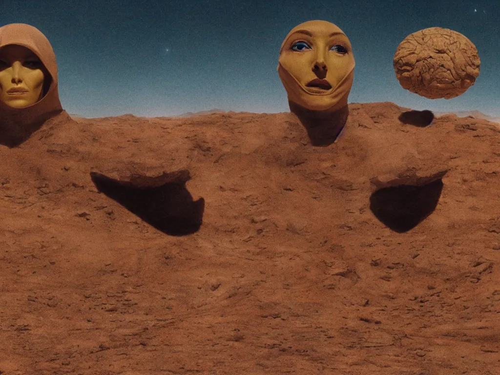 Prompt: glowing bene gesserit in full - face golden glowing mask in a black rocky desert landscape with alienabandoned city beneath the sand and giant alien spaceship in the sky attacks the earth by christopher doyle and alejandro jodorowsky, anamorphic lens, kodakchrome, cinematic composition, very detailed photo, 8 k,