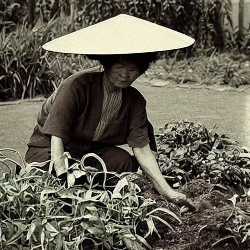 Image similar to an 8 0 s photo of an old vietnamese woman tending to her vegetable patch by the sea, photography