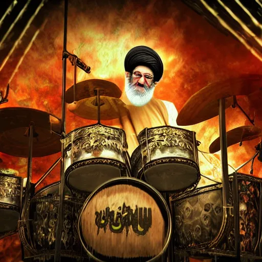 Image similar to khamenei playing drums in heavy metal band in hell, high definition, trending on artstation, unreal engine, photorealistic, high resolution,, trending on deviantart, hdr, hyper detailed, insane details, intricate, elite, ornate, elegant, luxury, dramatic lighting