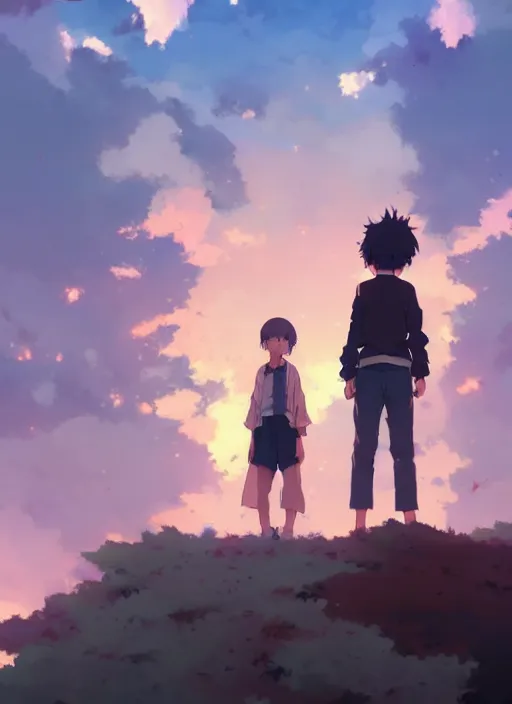Prompt: boy and a girl in jk, standing back to back in under sky, small fire flames, illustration concept art anime key visual trending pixiv fanbox by wlop and greg rutkowski and makoto shinkai and studio ghibli