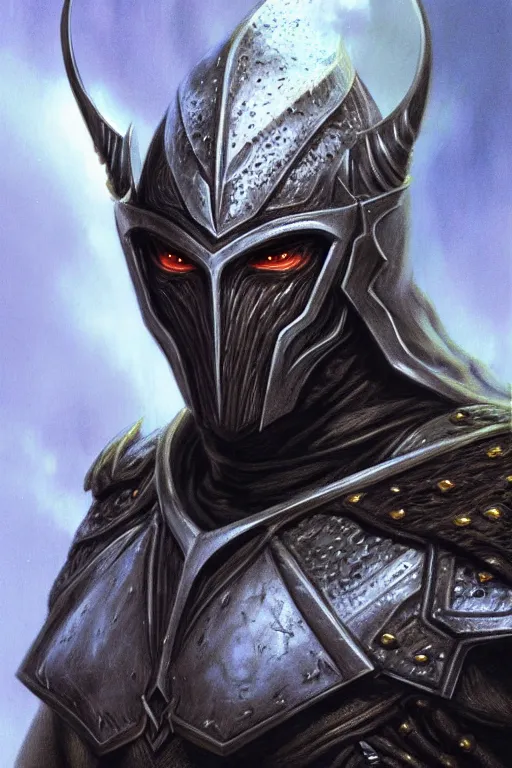 Image similar to head and shoulders portrait of an eldrich knight, drow, dark elf, shadar kai, armored, magical, male, high fantasy, d & d, by boris vallejo, face details, extremely detailed, digital illustration