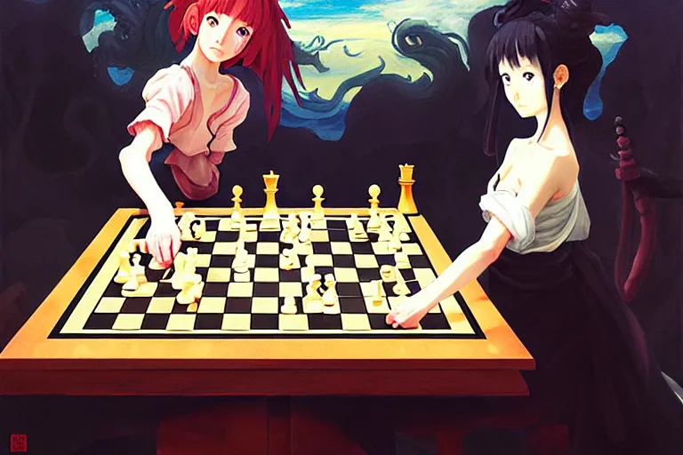 Prompt: baroque oil painting of anime key visual concept art of insane anime girl playinga against cthulu at a chess board, acrylic painting, trending on pixiv fanbox, palette knife and brush strokes, style of makoto shinkai jamie wyeth james gilleard edward hopper greg rutkowski studio ghibli genshin impact