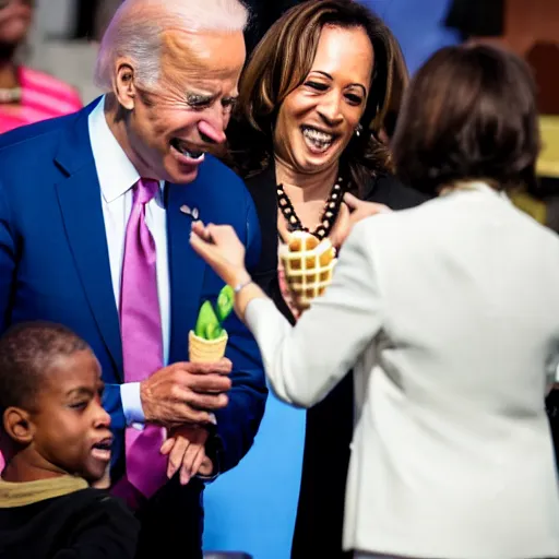 Prompt: kamala harris shoving an ice cream cone into joe biden's ear surrounded by stunned onlookers pointing and laughing, photography, sigma f 3 0, highresolution