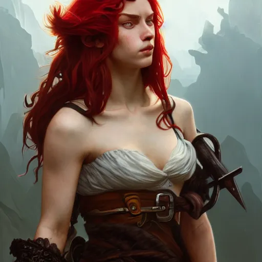 Prompt: portrait of a young rugged pirate, upper body, red hair, long hair, D&D, fantasy, intricate, elegant, highly detailed, digital painting, artstation, concept art, matte, sharp focus, illustration, art by Artgerm and Greg Rutkowski and Alphonse Mucha