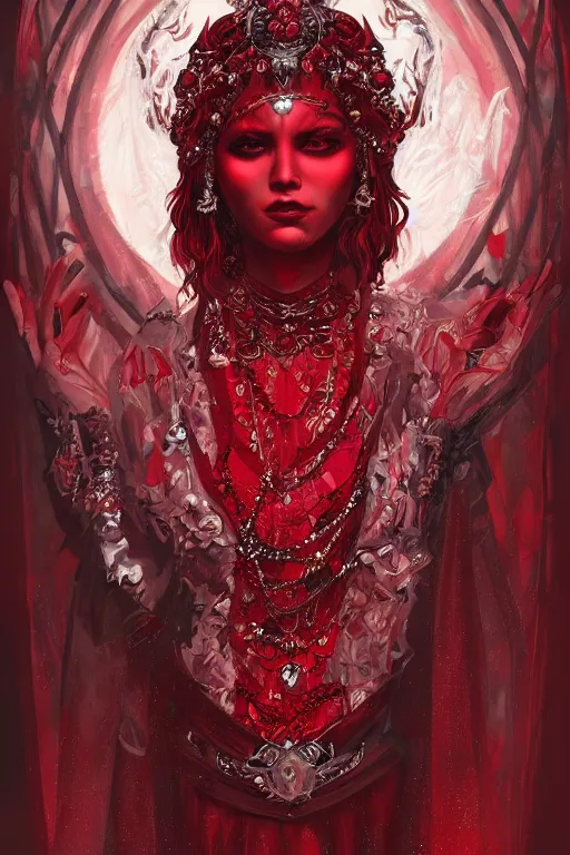 Prompt: portrait of the blood goddess, enigmatic beauty, dominant shades of crimson and red and black, oriental silver ornaments, artstation