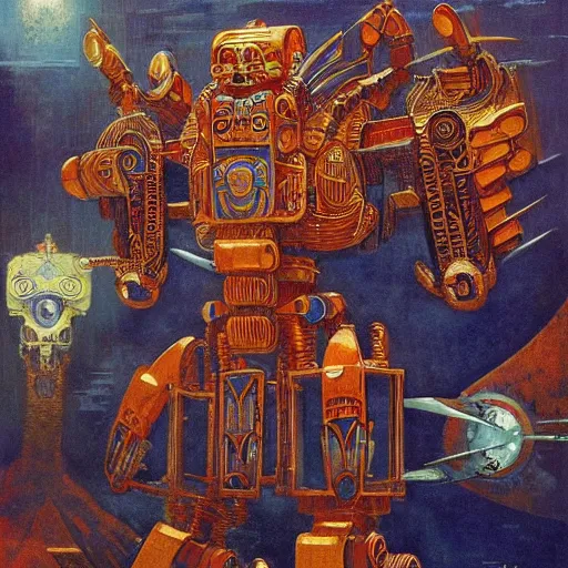 Prompt: elaborate mayan art deco mecha by j. c. leyendecker, bosch, and beksinski