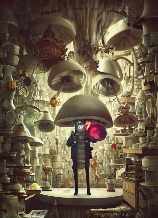 Prompt: a lively and whimsical dark apothecary, cinematic framing, where chrome robots shop grows from the stalk of a giant mushroom, cgsociety, siggraph, dystopian scifi, concept art, set design, oleg oprisco, conrad roset, anka zhuravleva, gediminas pranckevicius, cornell, kawasaki