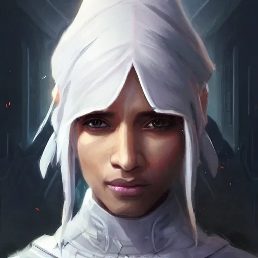 Image similar to darth alphinaud leveilleur, freida pinto, art by artgerm and greg rutkowski and magali villeneuve, portrait, highly detailed, headshot, intricate, elegant, digital painting, trending on artstation, concept art, sharp focus, illustration