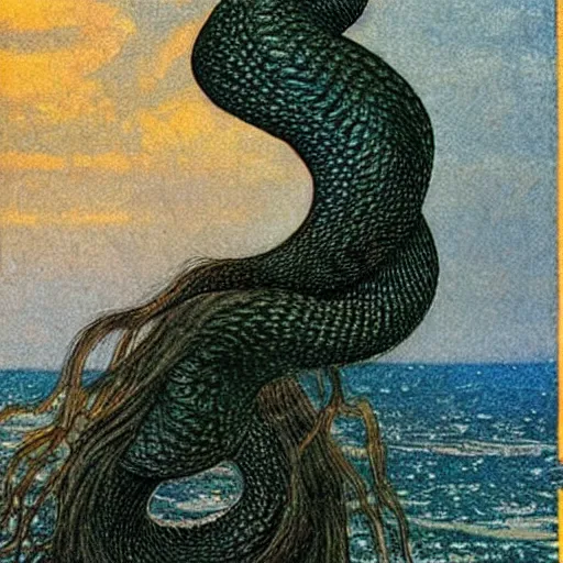 Image similar to gloomy by robert kirkman, by carlos schwabe. a beautiful art installation of a snake eating its own tail that seems to go on forever.