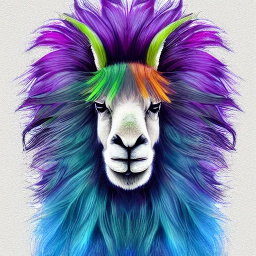 Prompt: portrait of a cute fluffy llama with long colorful flowing lion mane with mohawk hairstyle hybrid animal detailed painting 4 k