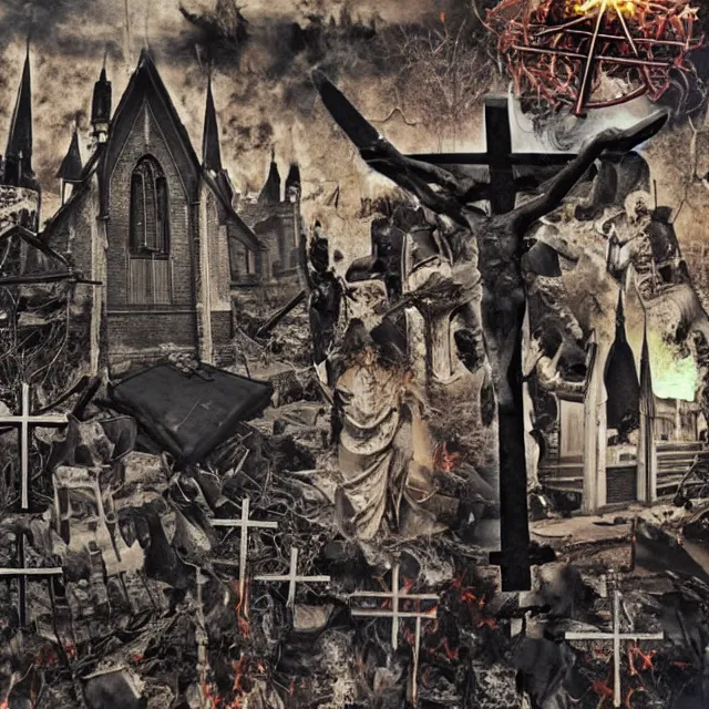 Prompt: satanic ritual, burning churches and crosses, surrealistic collage art
