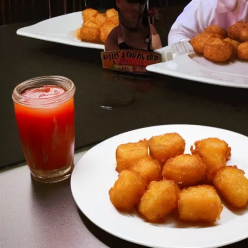 Prompt: food photo of channing tatum's face on top of giant tater tot on a plate with ketchup