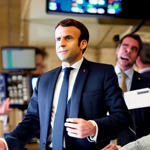 Image similar to film still Emmanuel Macron at Wall street stock exchange, exulting from joy, in the big short (2015)