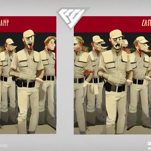 Prompt: ( ( beige ) ) uniform and caps zombie security officers glowing red trending on artstation very high detail