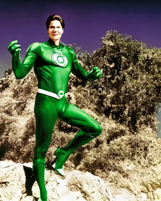 Image similar to photograph of actor Christoper Reeve dressed as a Green Lantern, lounging by an infinity pool on a mystical Alien planet with voluminous purple clouds, Sunny Day