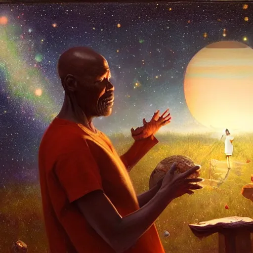 Prompt: an elder african psychic reading his crystal ball under a meteor shower, greg rutkowski and android jones and amanda sage, oil on canvas, 8k