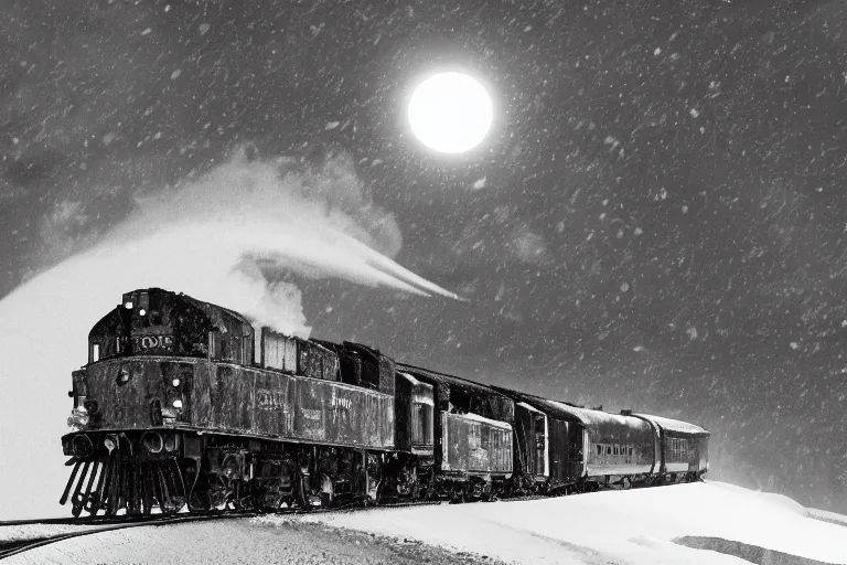 Image similar to an old locomotive rushing through snow storm in high speed, white steam on the side, dark smoke with fire! from the pipes, dynamic angled shot, speed lines, fire particles and snowflakes everywhere, 8 k, by edward hopper, 1 6 k, eerie moon eclipse cinematic scenery