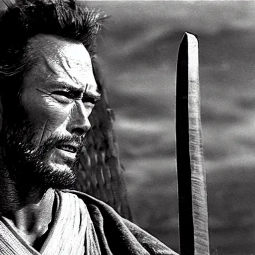 Image similar to clint eastwood as a samurai in seven samurai ( 1 9 5 4 ). grainy movie still