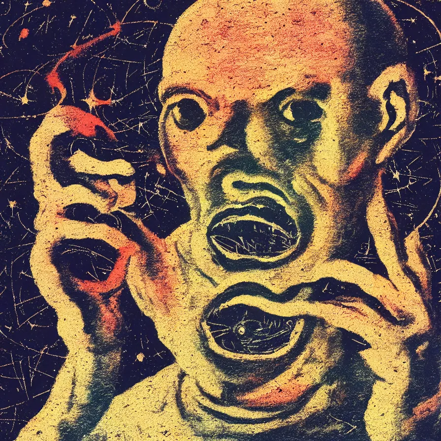 Prompt: a close up portrait of a man eating a mysterious alien object recovered from a cosmic archaeological site, by francis bacon, saul bass, risograph, sharp focus, 8 k, cgsociety