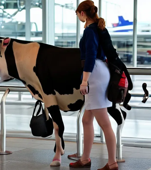 Prompt: dairy cow with woman body at the airport