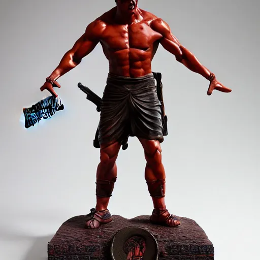 Image similar to museum stallone rambo statue monument made from porcelain brush face hand painted with iron red dragons full - length very very detailed intricate symmetrical well proportioned balanced