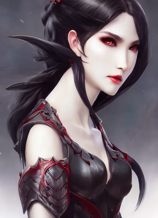 Image similar to full plate armor!!! beautiful and elegant dark hair female vampire!! gorgeous ayes!! character concept art, sharp focus, octane render! unreal engine 5! highly rendered!! trending on artstation!! detailed linework!! illustration by artgerm, wlop, and chie yoshii