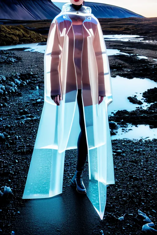 Image similar to an ultra high definition professional high fashion portrait studio full length photograph of a model wearing a transparent pearlescent raincoat and neon visor in an icelandic black rock environment at dawn. no artefacts. extremely detailed. stark. refraction. shallow depth of field. volumetric light and shadow. ray tracing. light rays.