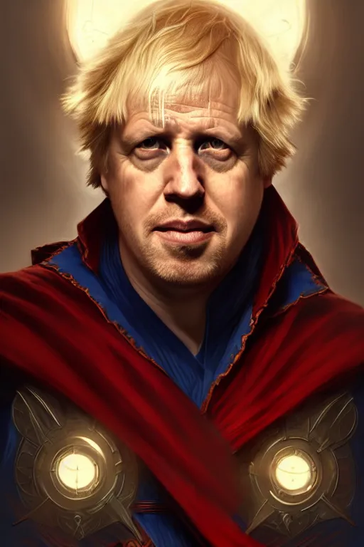 Prompt: Boris Johnson as Doctor Strange, armor plate, realistic portrait, symmetrical, highly detailed, digital painting, artstation, concept art, smooth, sharp focus, illustration, cinematic lighting, art by artgerm and greg rutkowski and alphonse mucha