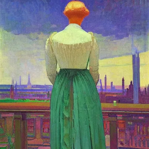Prompt: portrait of a victorian lady in a futuristic city, from behind, streets, beautiful, sci-fi, open sky, tall buildings, highly detailed, digital painting by Cuno Amiet