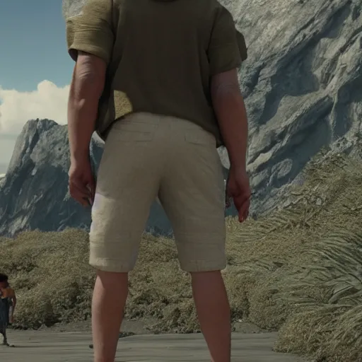 Prompt: giant men in shorts of 3 meters and 5 meters, high definition movie, photorealistic detail, futuristic production, adventure movie, 8 k