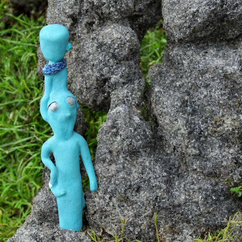 Prompt: Stone figurine of Gumby covered in bright blue moss