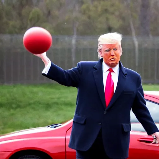 Prompt: photograph of donald trump throwing balls at cars on the highly