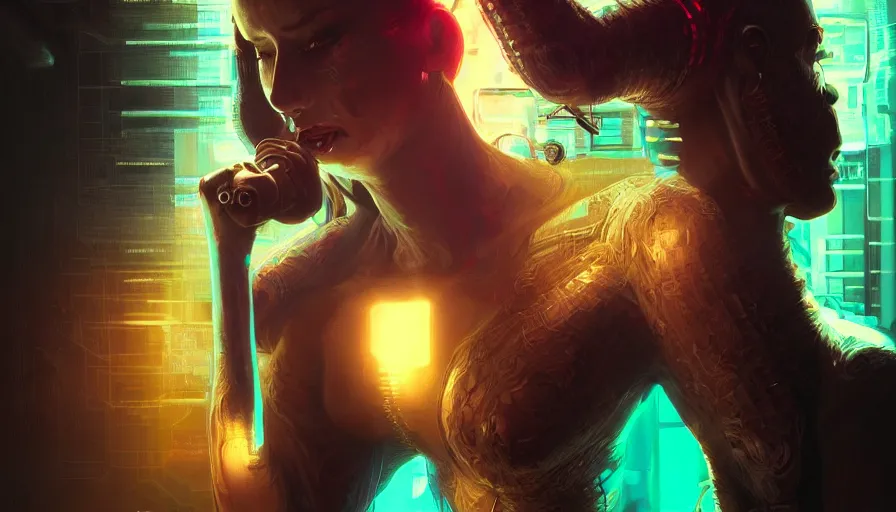 Prompt: alterd carbon, no mouth, scream, cyberpunk angry gorgeous goddess, , cigar, neon, fibonacci, sweat drops, insane, intricate, highly detailed, digital painting, artstation, concept art, smooth, sharp focus, illustration, Unreal Engine 5, 8K, art by artgerm and greg rutkowski and alphonse mucha