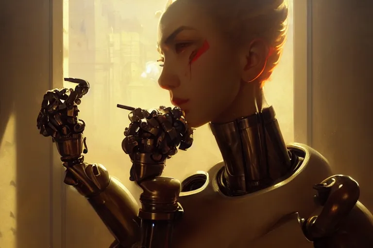 Image similar to coffee room baroque oil painting finely detailed perfect face mexican man smoking anime shinkai takeuchi key visual of character concept art metal female robot body suit pixiv fanbox, painted by greg rutkowski