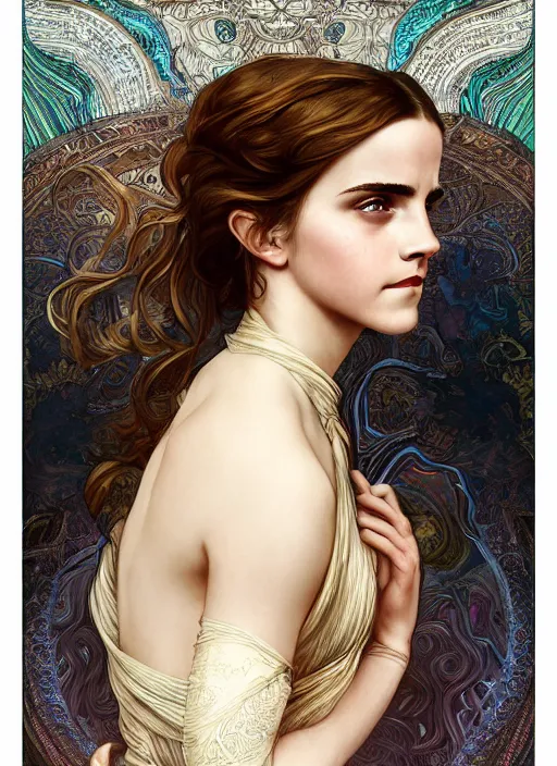 Image similar to Emma Watson as Godness of Sleep, cute, fantasy, intricate, elegant, highly detailed, digital painting, 4k, HDR, concept art, smooth, sharp focus, illustration, art by alphonse mucha,artgerm, H R Giger, beautiful detailed intricate insanely detailed octane render, 8K artistic photography, photorealistic,