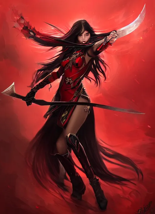 Image similar to a highly detailed illustration of elegant long black haired woman wearing red and black battle dress, heroically wielding black blade pose, with red magic surrounding her, intricate, elegant, highly detailed, centered, digital painting, artstation, concept art, smooth, sharp focus, league of legends concept art, WLOP