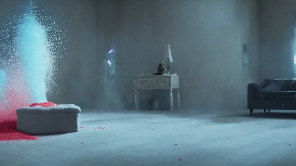 Image similar to colored powder explosion in the living room, film still from the movie directed by Denis Villeneuve with art direction by Salvador Dalí, wide lens