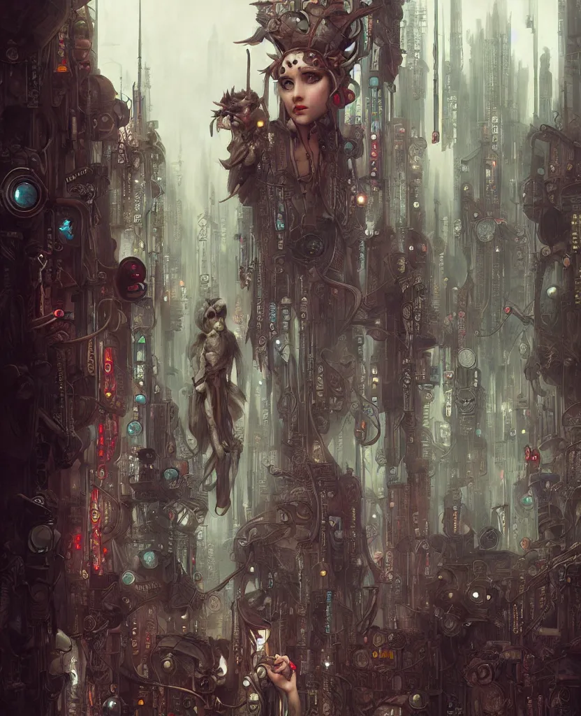 Prompt: hyper realistic Princess Mononoke, spooky mask, busy cyberpunk metropolis, city landscape, jewels, style of tom bagshaw, mucha, james gurney, norman rockwell, denoised, sharp