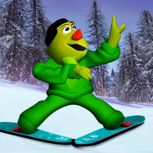 Prompt: cannabis leaf character snow boarding photo taken by pixar