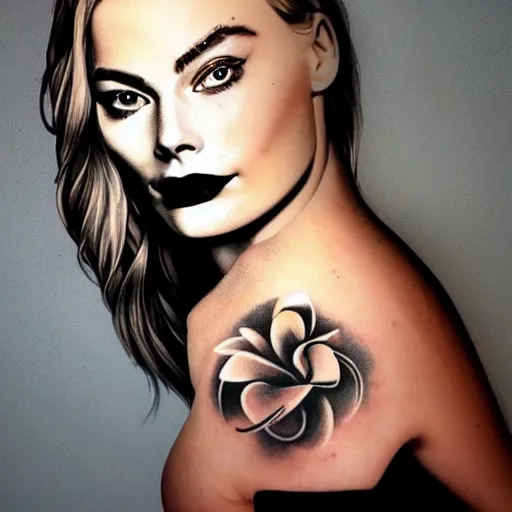Image similar to face morph tattoo design sketch of margot robbie blended with beautiful mountain scenery, in the style of chris mataafa, amazing detail