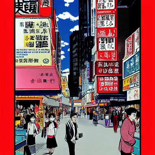 Prompt: glossy old advertising poster, chubby baby donald trump walking through crowded hong kong street, vendors, drawn comic by junji ito, pastels, gradient