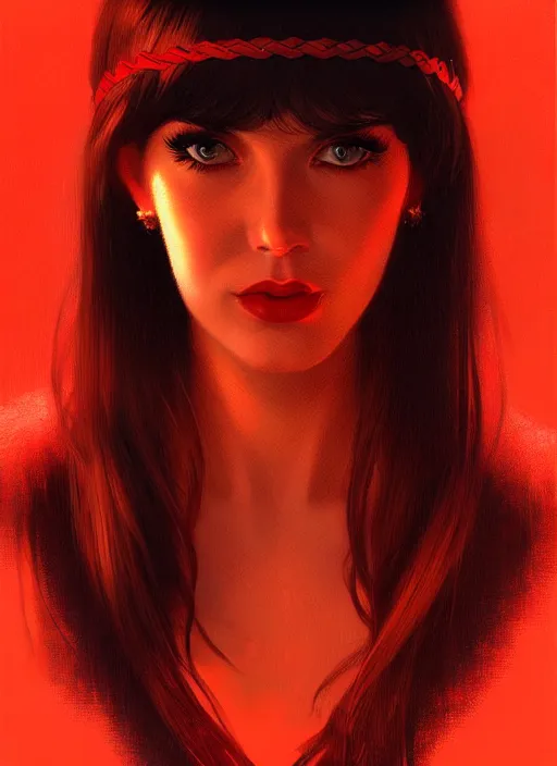 Image similar to portrait of lana rhodes with bangs, 1 9 6 0 s, long hair, red hairband, bangs, intricate, elegant, glowing lights, highly detailed, digital painting, artstation, concept art, smooth, sharp focus, illustration, art by wlop, mars ravelo and greg rutkowski