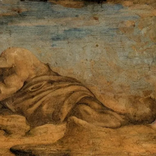 Prompt: a renaissance painting of a sleeping giant in a desiccated desert