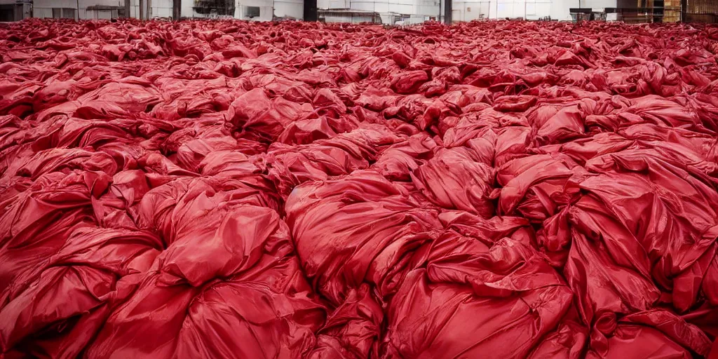 Prompt: photography of a gigantic pile of red garbage bags, photography by Annie Leibovitz, photography award winning, rule of thirds, golden ratio, phi