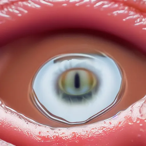 Image similar to human eye inside mouth, extreme closeup, macro shot, hyperrealistic, extreme detail, ray tracing, octane render