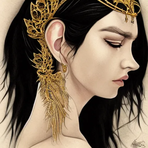 Prompt: side portrait of elven royalty, princess, queen, fantasy, black hair, gold armour, gold jewelry, white skin, detailed face, trending on artstation, gsociety, D&D, elegant, highly detailed, hyperrealistic, realistic eyes, detailed illustration, smooth, sharp focus, upper body, intricate, rule of thirds, holy glow, backlit, hd 4k by Greg Rutkowski, Alphonse Mucha, Ayami Kojima, Charlie Bowater, Kentaro Miura, Karol Bak-n 6