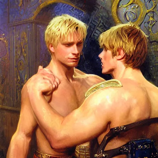 Image similar to attractive male, blond hair arthur pendragon confesses his love to attractive male, dark hair merlin. highly detailed painting by gaston bussiere, craig mullins, j. c. leyendecker 8 k