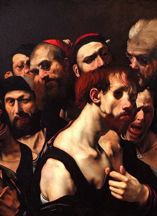 Image similar to a street punk in prehistoric era in the style of a renaissance painting, insane detail, chiaroscuro oil painting, jan matejko, caravaggio, jan van eyck, trending on artstation, artgerm