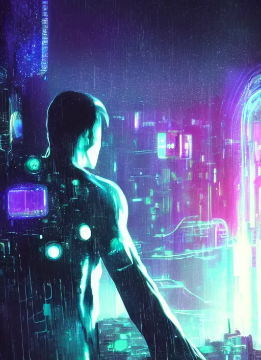 Image similar to one cyber godly person made of cosmic nebula galaxy energy watching a rainy colorful complex cyberpunk futuristic holographic city from behind at night through a window in a room, reflections, 8 k, photorealistic, concept art, wet, highly detailed, cinematic mood by ridley scott, ghost in the shell, trending on artstation, glowing and epic