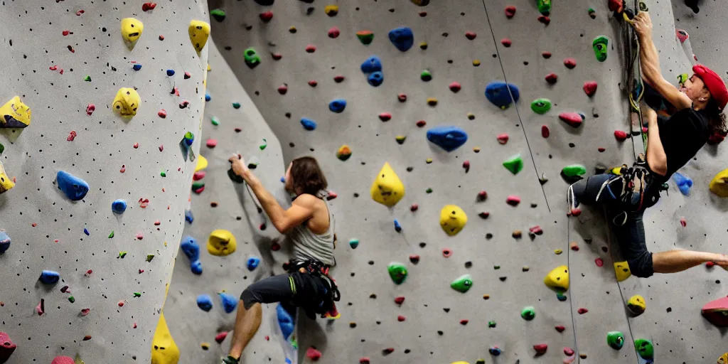 Image similar to an award winning wide photo of, a professional chambionship rock climbing cat, drinking a cup of coffee, and holding onto a rop on an indoor rock climbing wall